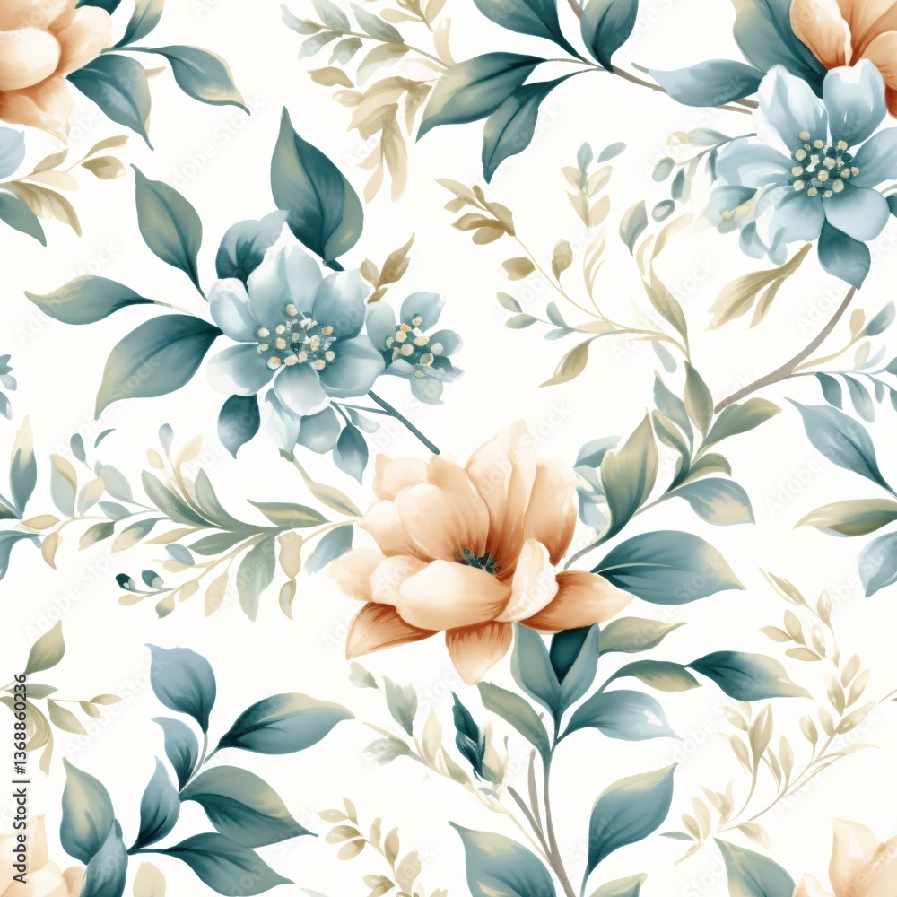 Fototapeta premium Elegant floral seamless pattern with teal and peach flowers on white background. Vintage botanical design for wallpaper, textile, and greeting card. Romantic and feminine concept.
