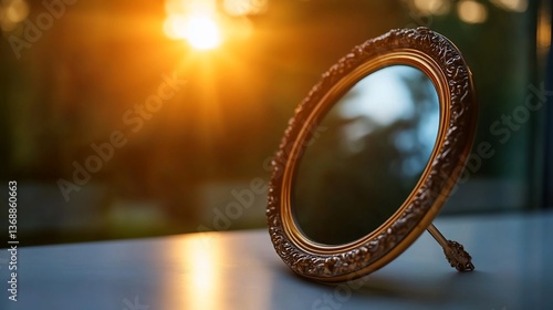 Decorative mirror with golden vintage frame reflecting the warm morning light