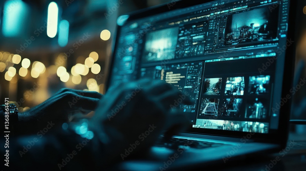 Fototapeta premium Nighttime Cybersecurity Expert Working on Laptop
