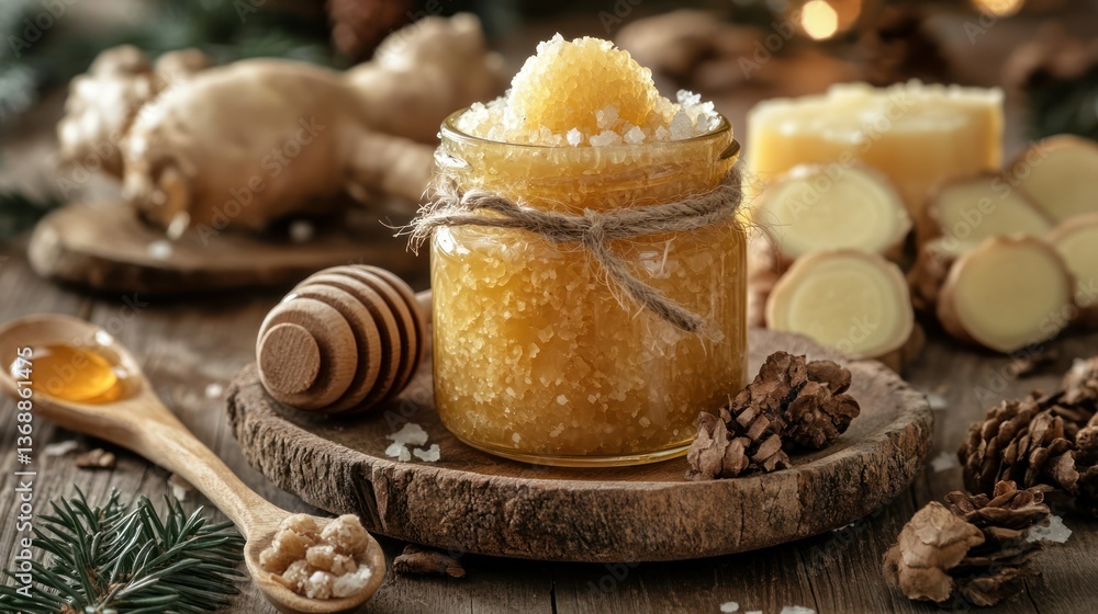 Fototapeta premium Homemade Ginger Honey Sugar Scrub in Rustic Setting
