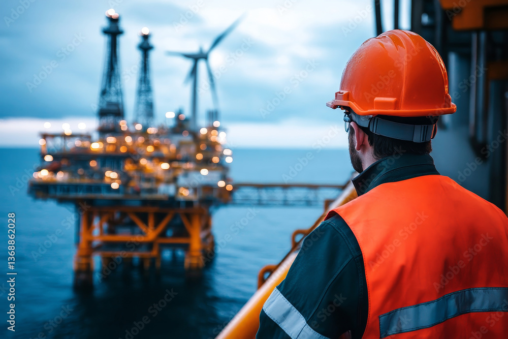 Oil platform worker watching wind turbine and offshore platform at dusk Oil platform worker watching wind turbine and offshore platform at dusk