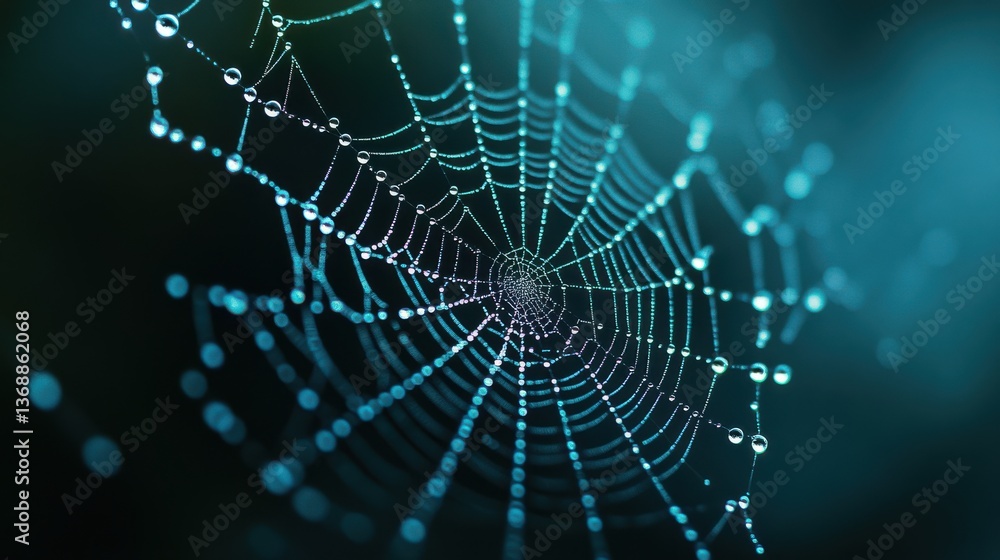 Stunning DewCovered Spiderweb Macro Photography Teal and Dark Background Stunning DewCovered Spiderweb Macro Photography Teal and Dark Background