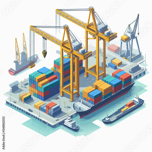 A large ship is docked at a port with several cranes