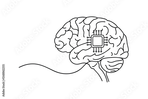 Human Brain Integrated with Microchip AI, Neural Network, Technology