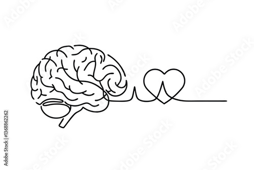 Mindful Heart Brain, Heart, Connection, Love, Health, Wellbeing, One Line Art, Mind Body, Single Lin