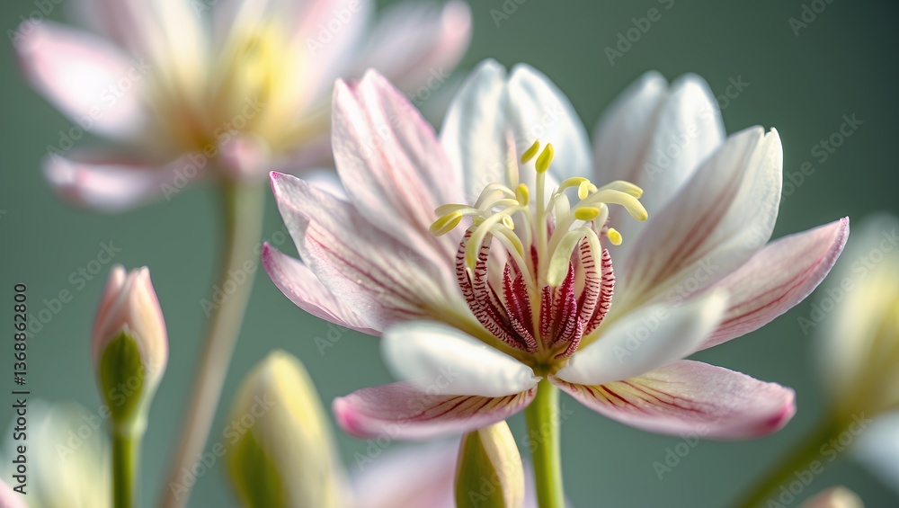 Fototapeta premium Delicate white and pink flower macro shot with yellow stamens and bud
