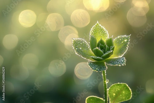 Wallpaper Mural A vibrant green succulent glistens with dew drops, catching the light against a soft, bokeh-filled background, conveying freshness and natural beauty. Torontodigital.ca