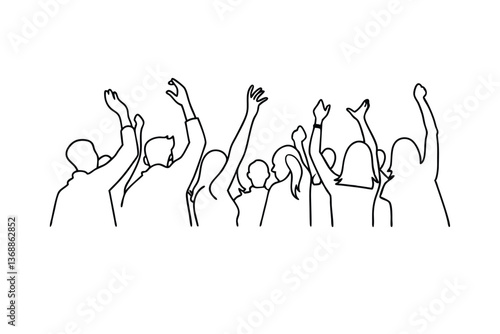 Celebrating Crowd Joyful Uplifted Hands Unity Line Art Graphic