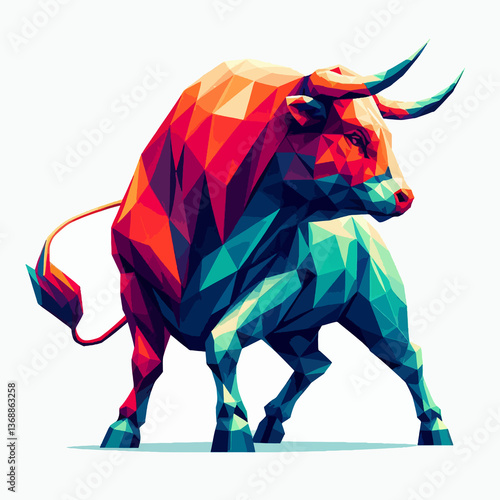 A colorful bull with red, blue, and green stripes
