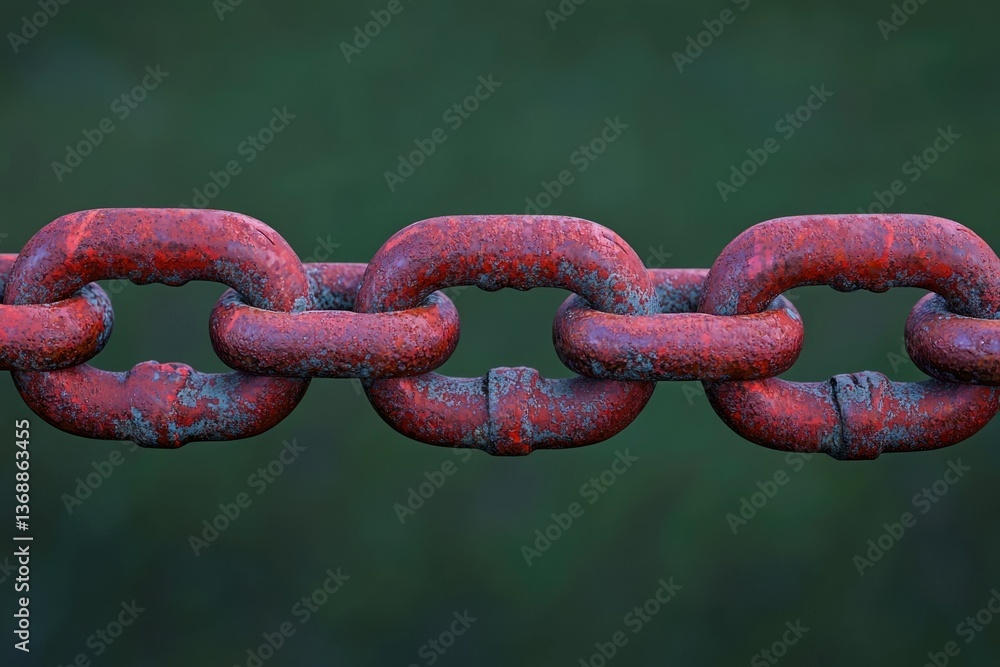 Close-up of rusty metal chain links interlocking against a blurred green background, showing signs of age and weathering. Close-up of rusty metal chain links interlocking against a blurred green background, showing signs of age and weathering.