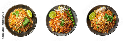 A plate of Pad Thai noodles with lime and peanuts isolated on a transparent background