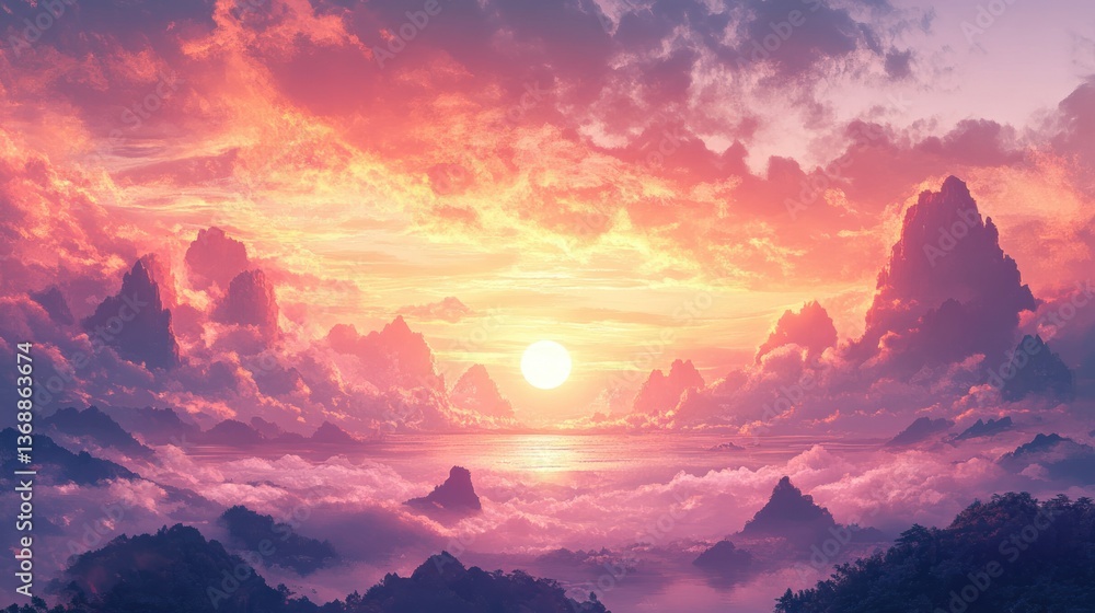 Fototapeta premium Sunset over a Sea of Clouds and Mountains: A Dreamlike Landscape