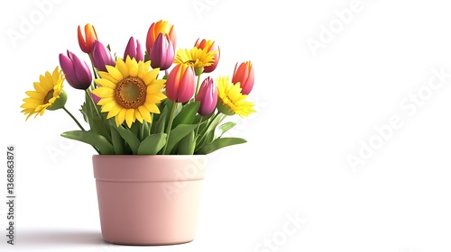 Wallpaper Mural Potted Flower Arrangement with Tulips and Sunflowers Isolated on White Background. Torontodigital.ca