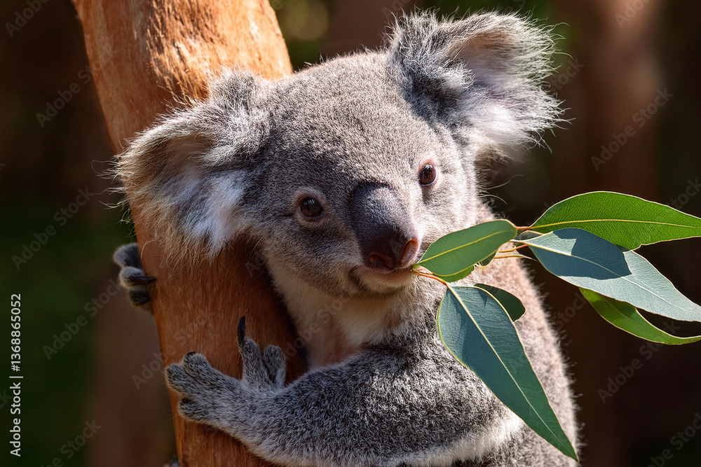 Obraz premium Cría de Koala Aferrada a Eucalipto 