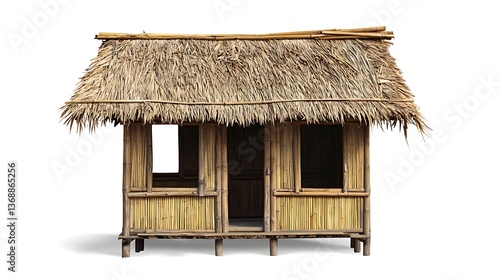 Traditional bamboo hut with thatched roof isolated on white background, Asian architecture.
