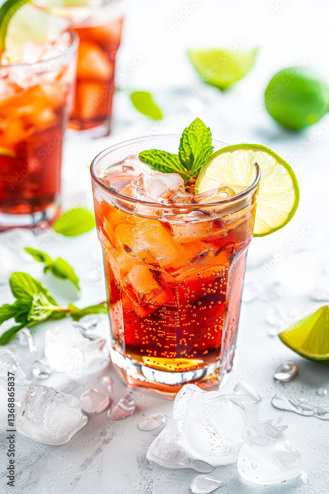 Glass of iced tea with a lime slice on top. The drink is served in a tall glass with ice cubes. The image conveys a refreshing and cool atmosphere, perfect for a hot day Glass of iced tea with a lime slice on top. The drink is served in a tall glass with ice cubes. The image conveys a refreshing and cool atmosphere, perfect for a hot day