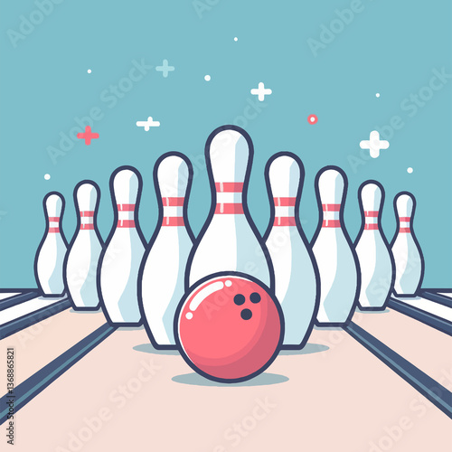 A cartoon of a bowling game with a red ball and white pins