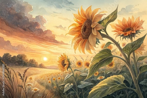 a water color sunflower field under a sun