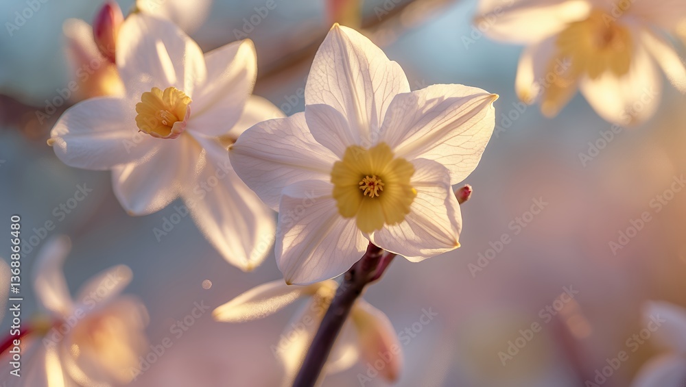 Fototapeta premium Delicate white daffodils with golden centers bloom. Soft, diffused light