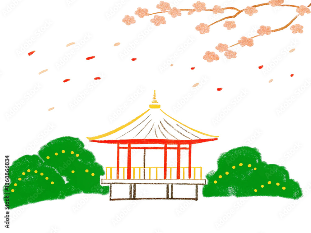 Φωτογραφία A hand-drawn Japanese tea house nestled in cherry blossoms, with delicate ink li
