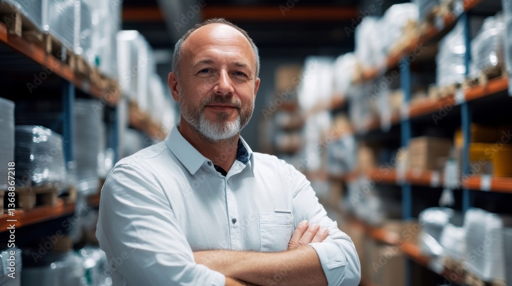 Confident Businessman with Arms Crossed in a Warehouse Setting with Racks of Inventory Confident Businessman with Arms Crossed in a Warehouse Setting with Racks of Inventory