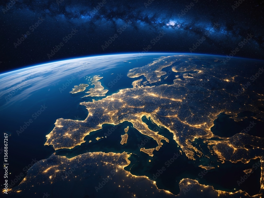 Obraz premium Earth from space at night, city lights illuminate Europe under the Milky Way