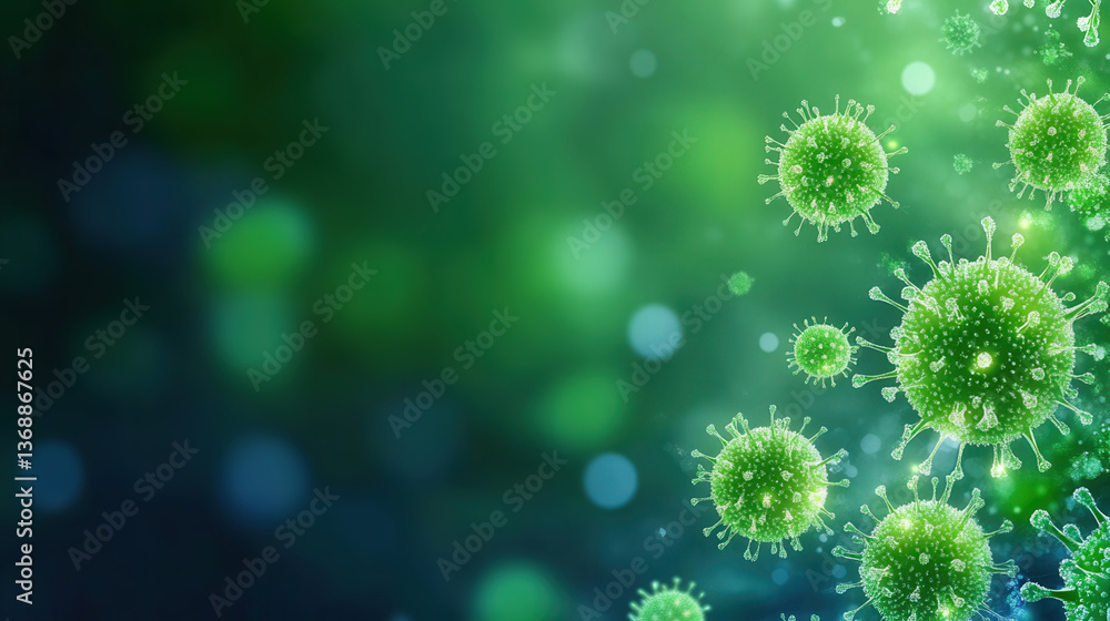 Fototapeta premium Glowing bacteria and viral particles floating in the air in a vibrant blue and green color palette for a medical concept. virus, flu, coronavirus, cold, bacteria