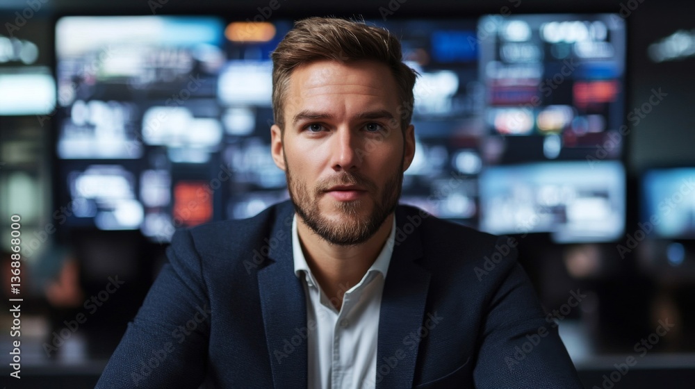 Confident Man in Dark Blue Business Suit with Multiple Screen Background Confident Man in Dark Blue Business Suit with Multiple Screen Background