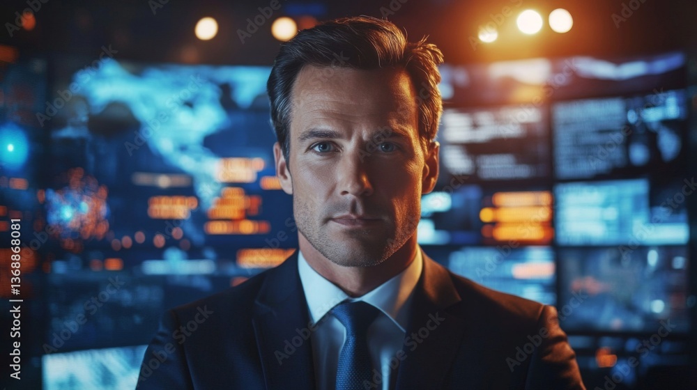 Confident Man in Suit Stands Before Global Data Display Screens Confident Man in Suit Stands Before Global Data Display Screens