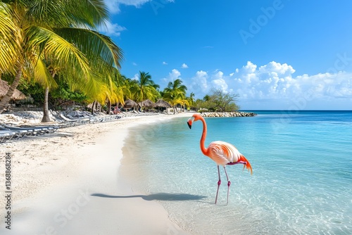 Pink flamingo standing in the turquoise water of a tropical beach