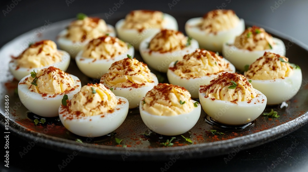 Delicious Deviled Eggs Garnishing with Paprika and Fresh Herbs on a Dark Plate Appetizer Food Delicious Deviled Eggs Garnishing with Paprika and Fresh Herbs on a Dark Plate Appetizer Food