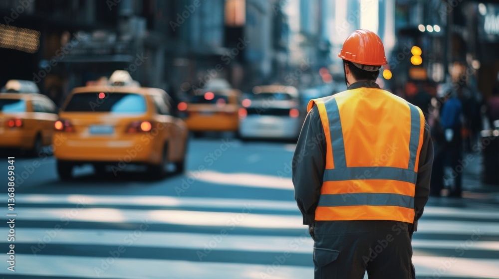 Fototapeta premium Construction Worker in Orange Vest Observing Yellow Taxis on City Street During Daytime