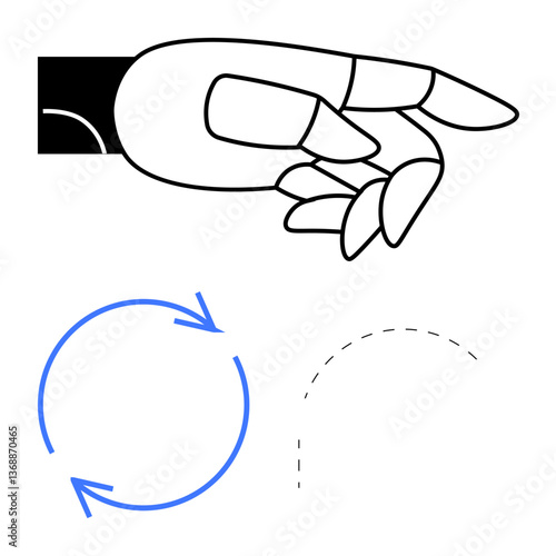 Hand making rotational gesture with circular arrows and dotted line path symbolizing process, continuity, and change. Ideal for concepts thumbs up strategy, motion, flow, repetition, progress