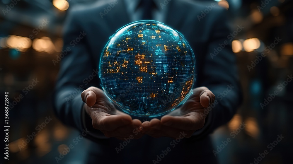 Fototapeta premium A futuristic corporate leader holding a digital holographic earth with sustainability analytics, showcasing carbon footprint reduction, recycling, and renewable energy growth.