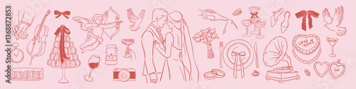 Italian wedding illustration set. Hand drawn ink romantic elements of groom, bride, newlyweds, cupid, cake, rings, champagne. Line art drawing in doodle sketch style. Elegant invitations for ceremony.