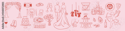 Italian wedding illustration set. Hand drawn ink romantic elements of groom, bride, newlyweds, cupid, cake, rings, champagne. Line art drawing in doodle sketch style. Elegant invitations for ceremony.