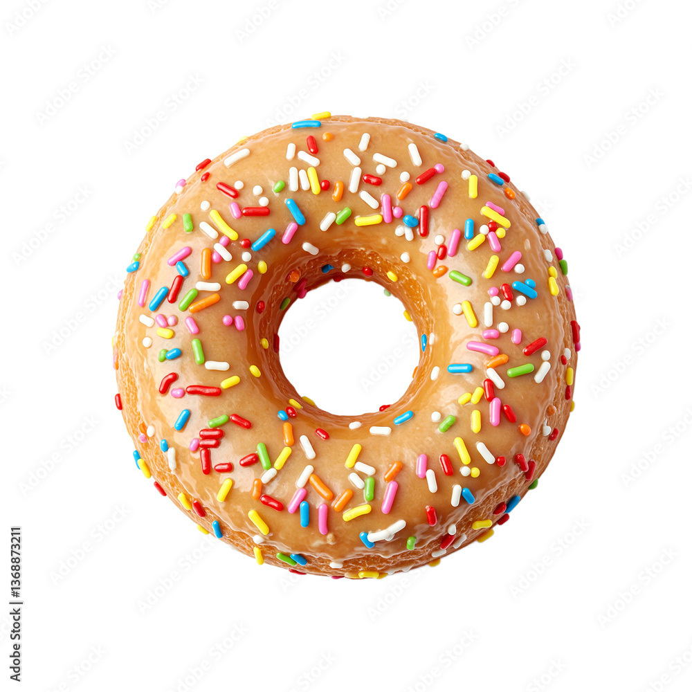 Golden brown donut with colorful sprinkles and sugar glaze Perfectly centered on white background Delicious and irresistible treat Golden brown donut with colorful sprinkles and sugar glaze Perfectly centered on white background Delicious and irresistible treat