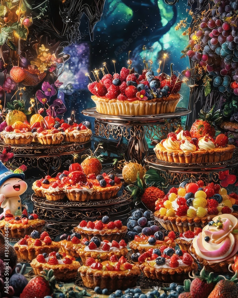 Fototapeta premium Whimsical fruit tarts with vibrant berries in enchanted forest fantasy illustration