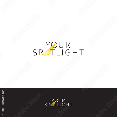 Vector modern Your Spotlight inscription logo. Black and yellow abstract searchlight lettering. Minimal floodlight mark with negative space isolated on white background