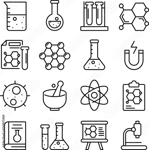 Laboratory icon set. Includes of scientist, microscope, test tube, beaker, flask, and More. Outline icons vector collection