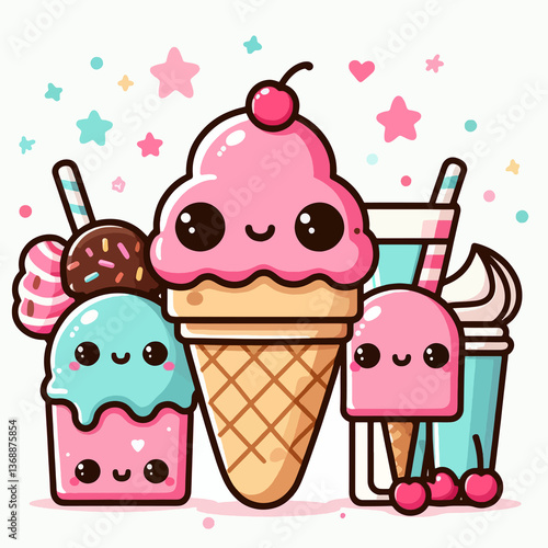 A cartoonish drawing of a pink ice cream cone with a cherry on top