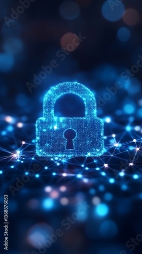 Glowing digital padlock on network.