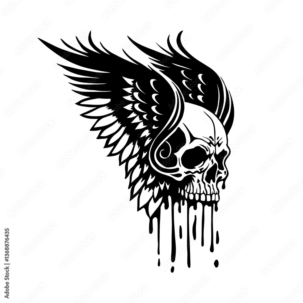 Fototapeta premium Black and white winged skull dripping ink. 