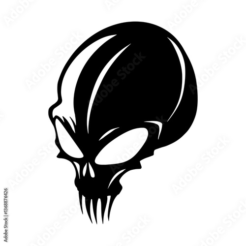 Black and white alien skull illustration with sharp details. Perfect for tattoos, t-shirts, clipart, silhouette, and cut files.

