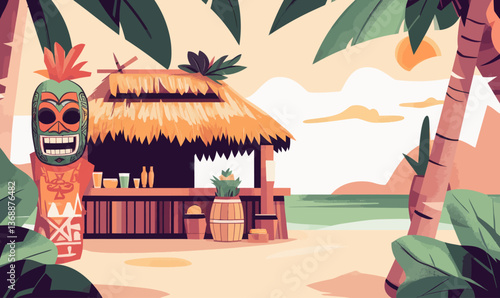 Tiki Seaside Pub with Palm Trees and Masks - Tropical Summer Vector Illustration