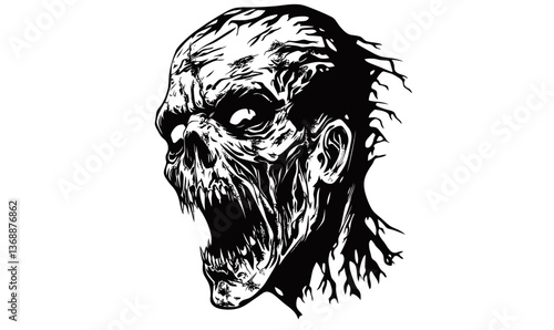 Terrifying Zombie Head Ink Sketch Vector Illustration for Horror Themes