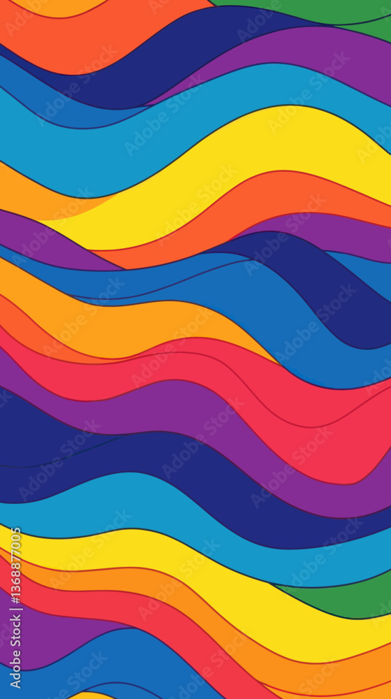 Colorful 1970s Retro Wavy Line Pattern in Rainbow Groovy Style for Textile Design Colorful 1970s Retro Wavy Line Pattern in Rainbow Groovy Style for Textile Design