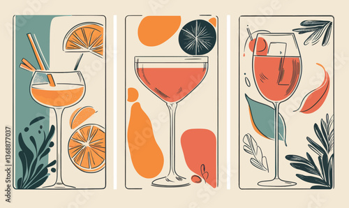 Elegant Hand Drawn Cocktail Label Template Set for Cafe and Restaurant Branding