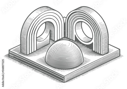  Minimalist geometric sculpture with abstract curved and angular forms in a monochromatic modern art installation