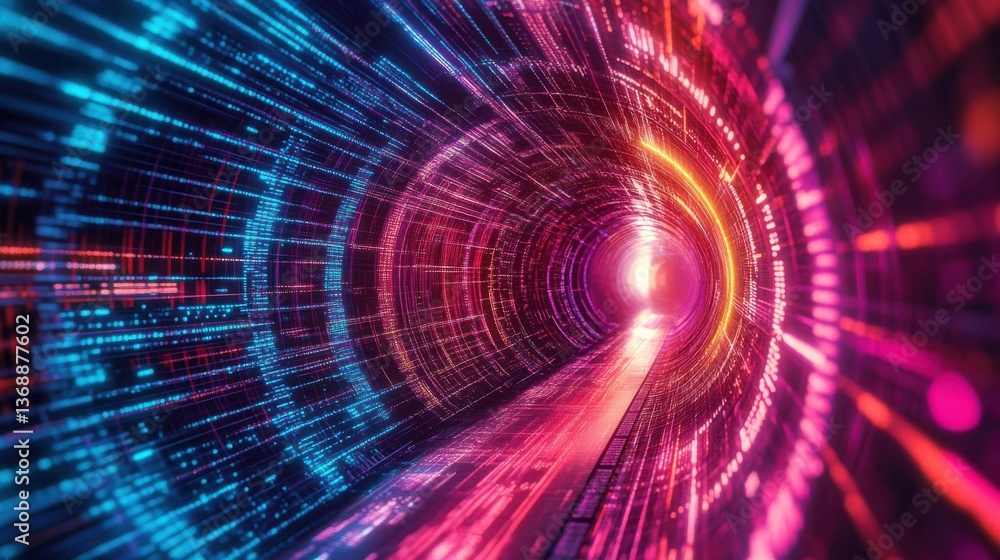 Obraz premium Futuristic Neon Tunnel Abstract Digital Data Stream, Pink & Blue, Cyberspace Background